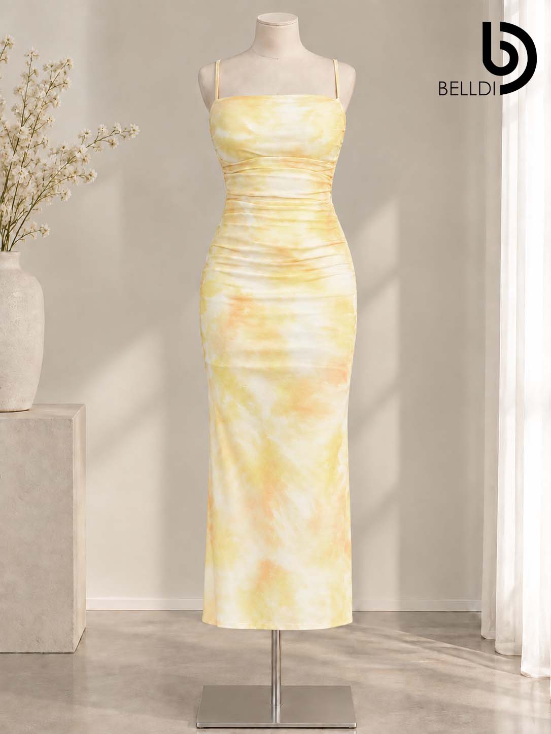 TIE-DYE RUCHED BODYCON LONG DRESS