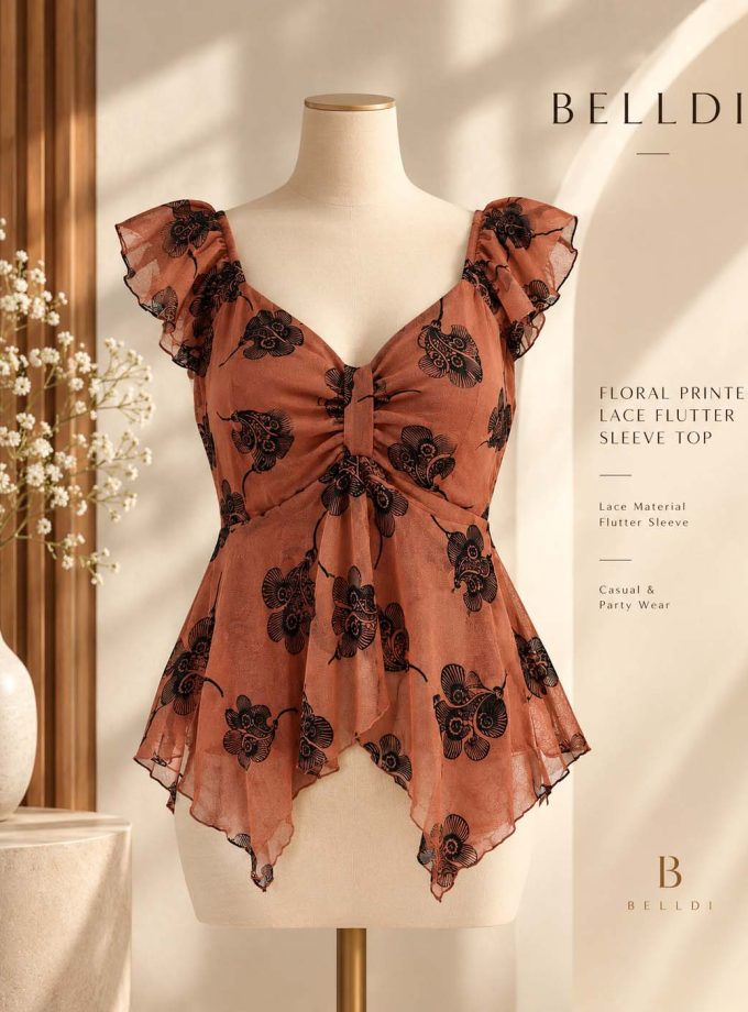 FLORAL PRINTED LACE FLUTTER SLEEVE TOP