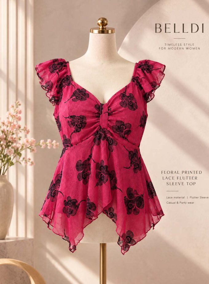FLORAL PRINTED LACE FLUTTER SLEEVE TOP