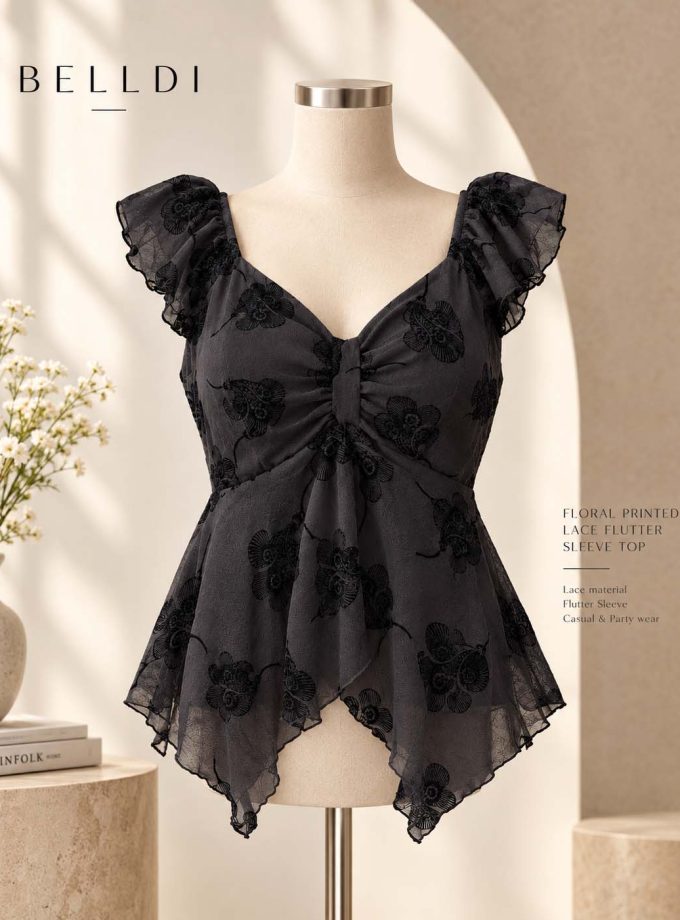 FLORAL PRINTED LACE FLUTTER SLEEVE TOP