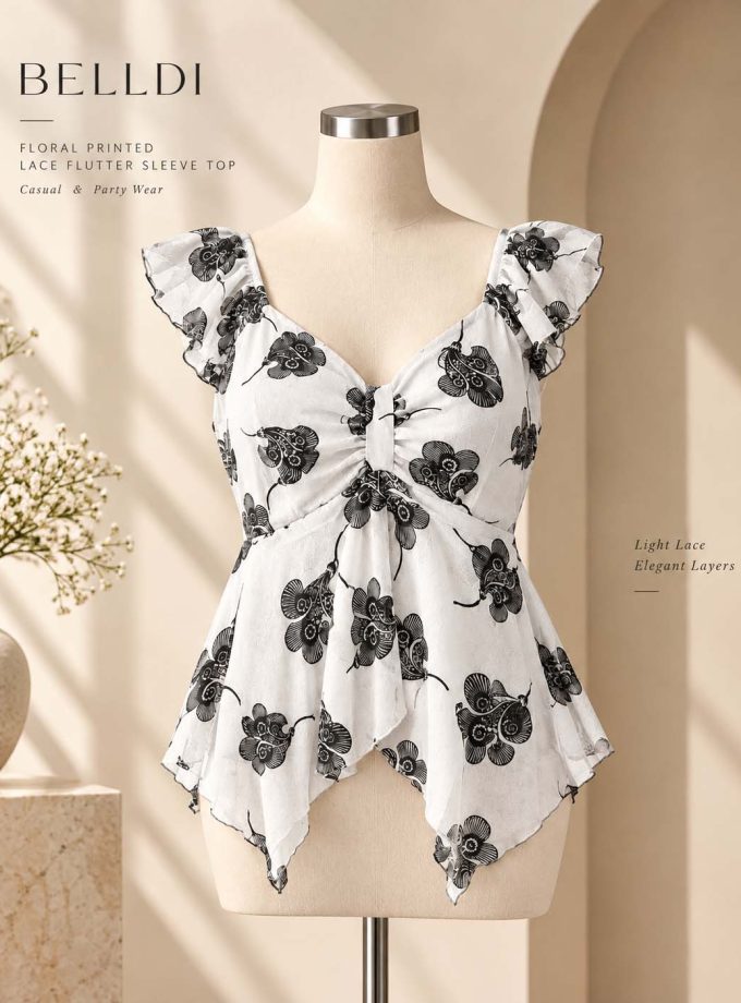 FLORAL PRINTED LACE FLUTTER SLEEVE TOP