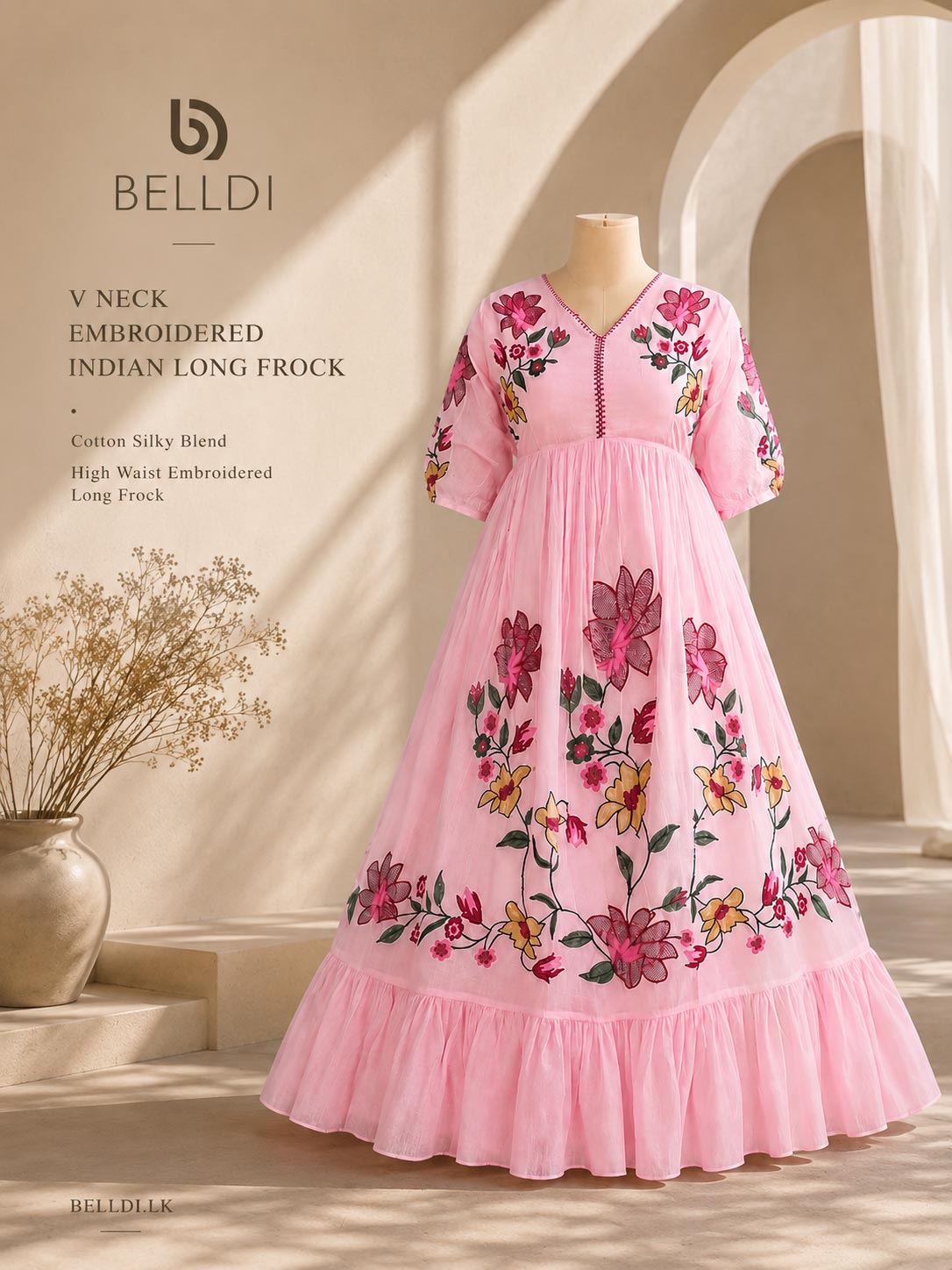 V NECK EMBROIDERED INDIAN LONG FROCK - Image 3