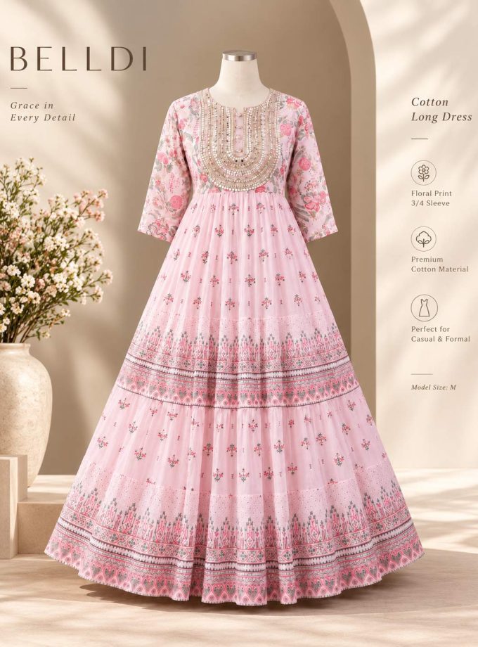 ELEGANT FLORAL BORDER DETAIL PINK INDIAN LONG DRESS