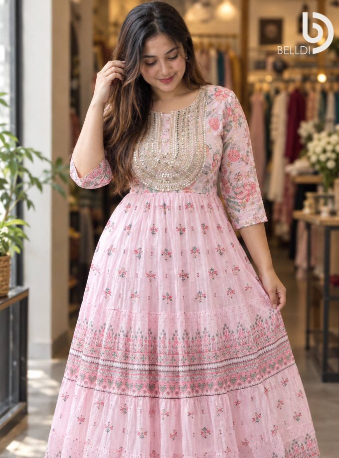 ELEGANT FLORAL BORDER DETAIL PINK INDIAN LONG DRESS