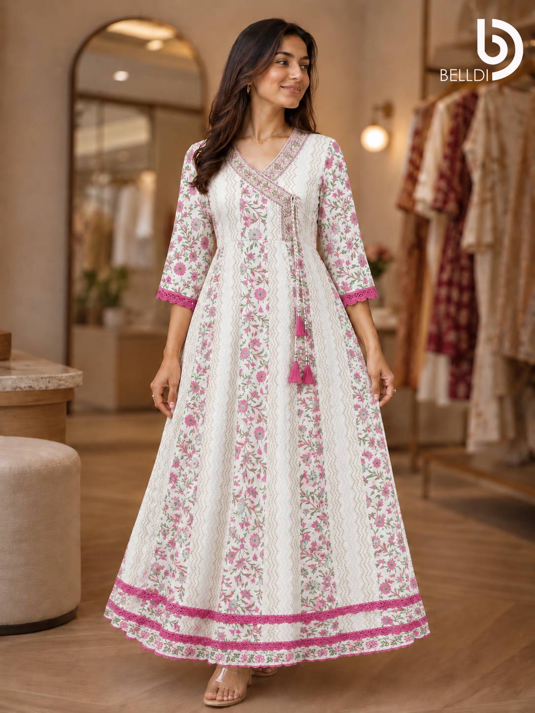 PINK BLOSSOM FLARED INDIAN FROCK - Image 2