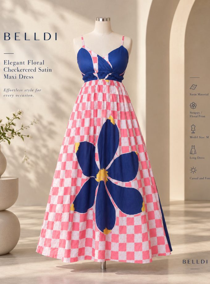 ELEGANT FLORAL CHECKERED SATIN MAXI DRESS