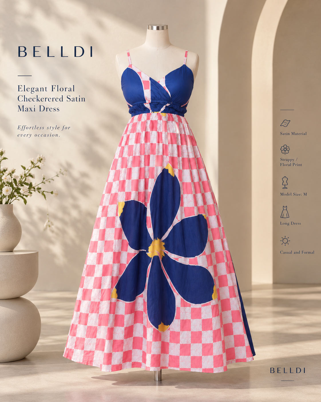 ELEGANT FLORAL CHECKERED SATIN MAXI DRESS - Image 3