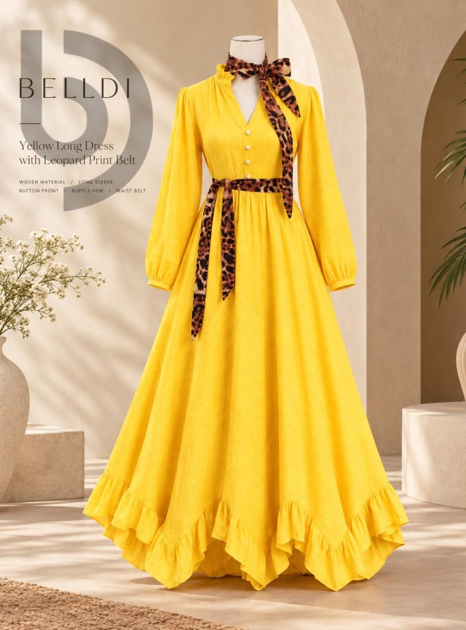 YELLOW LONG DRESS WITH LEOPARD PRINT BELT