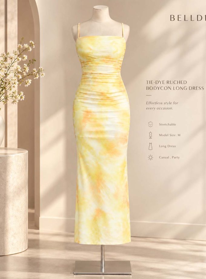 TIE-DYE RUCHED BODYCON LONG DRESS