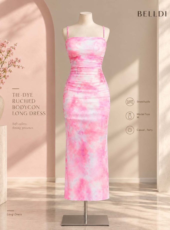 TIE-DYE RUCHED BODYCON LONG DRESS