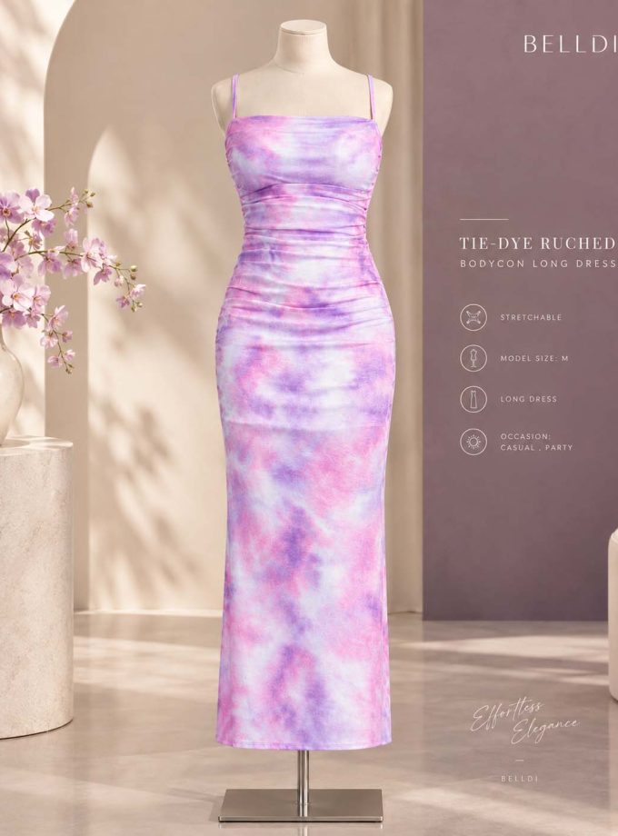 TIE-DYE RUCHED BODYCON LONG DRESS