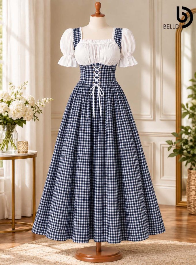 CHECKERED PUFF SLEEVE CORSET FLARED LONG FROCK