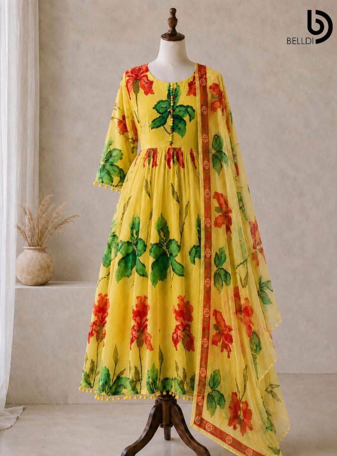 YELLOW FLORAL INDIAN LONG DRESS WITH SHAWL