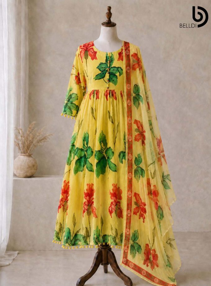 YELLOW FLORAL INDIAN LONG DRESS WITH SHAWL