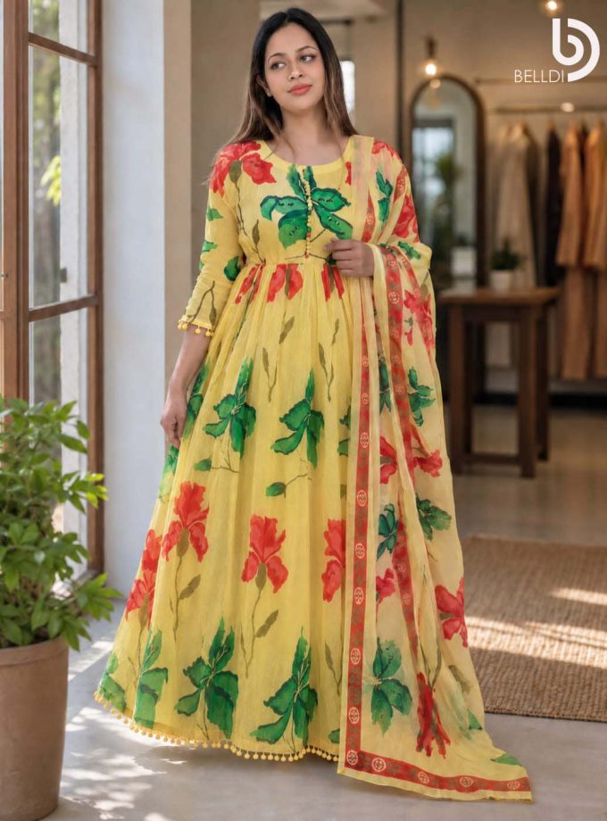YELLOW FLORAL INDIAN LONG DRESS WITH SHAWL