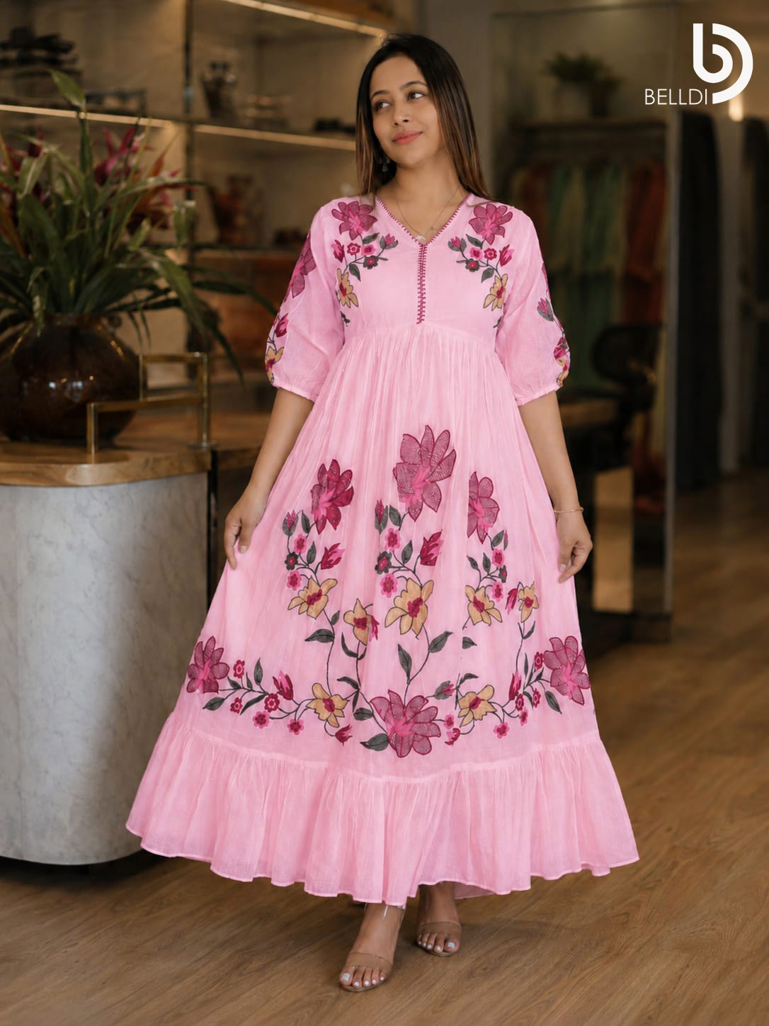 V NECK EMBROIDERED INDIAN LONG FROCK - Image 2