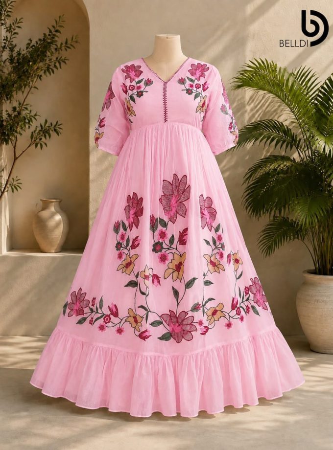 V NECK EMBROIDERED INDIAN LONG FROCK