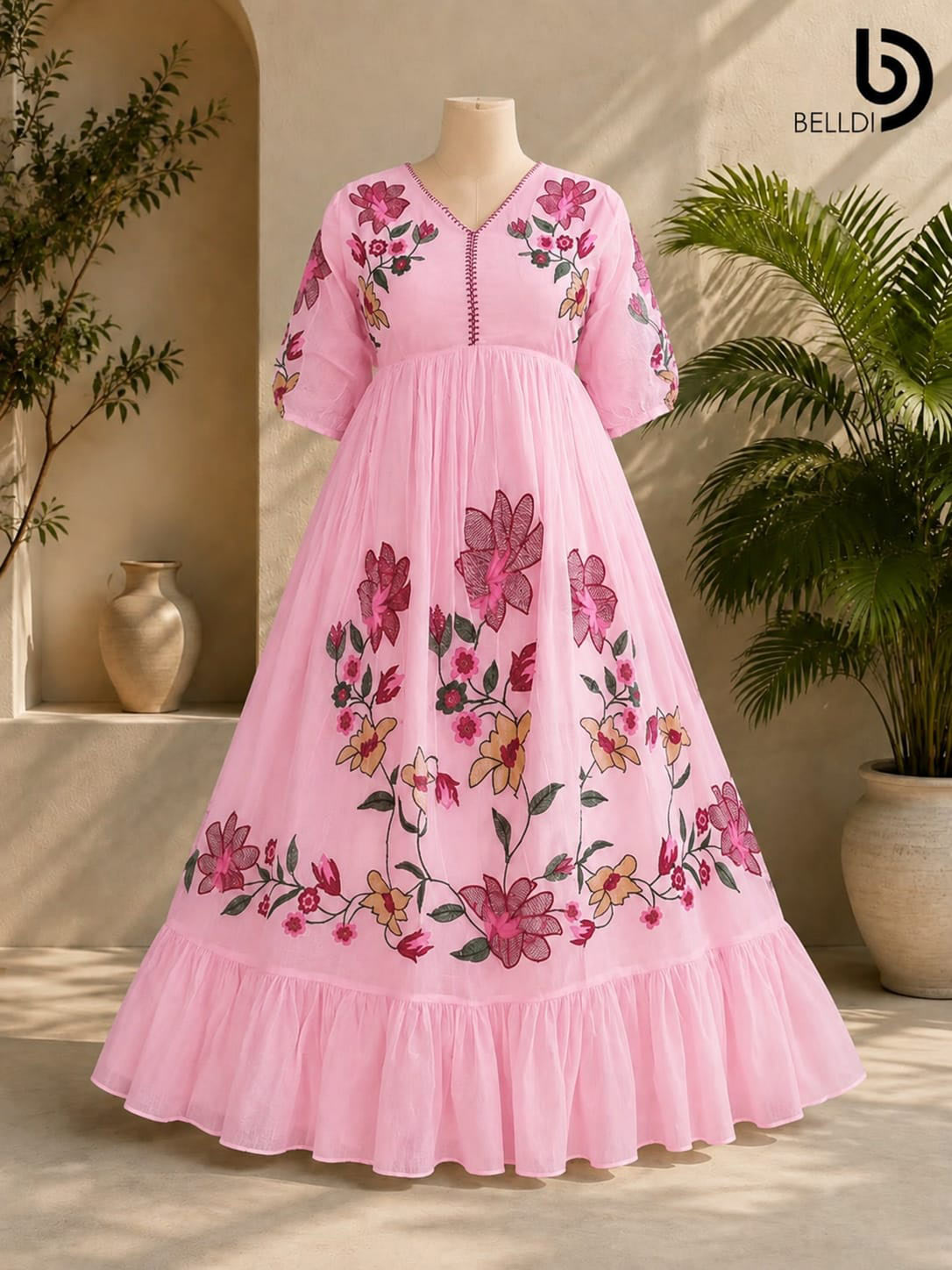 V NECK EMBROIDERED INDIAN LONG FROCK