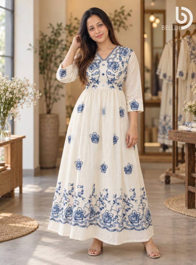BLUE FLORAL EMBROIDERED INDIAN LONG FROCK