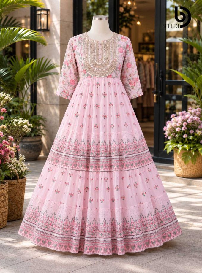 ELEGANT FLORAL BORDER DETAIL PINK INDIAN LONG DRESS