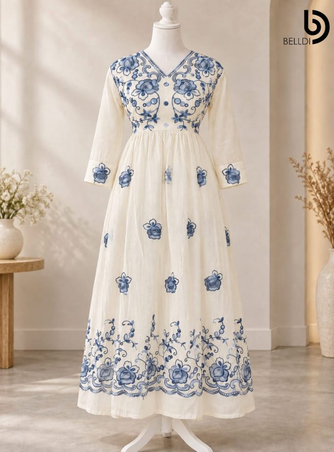 BLUE FLORAL EMBROIDERED INDIAN LONG FROCK