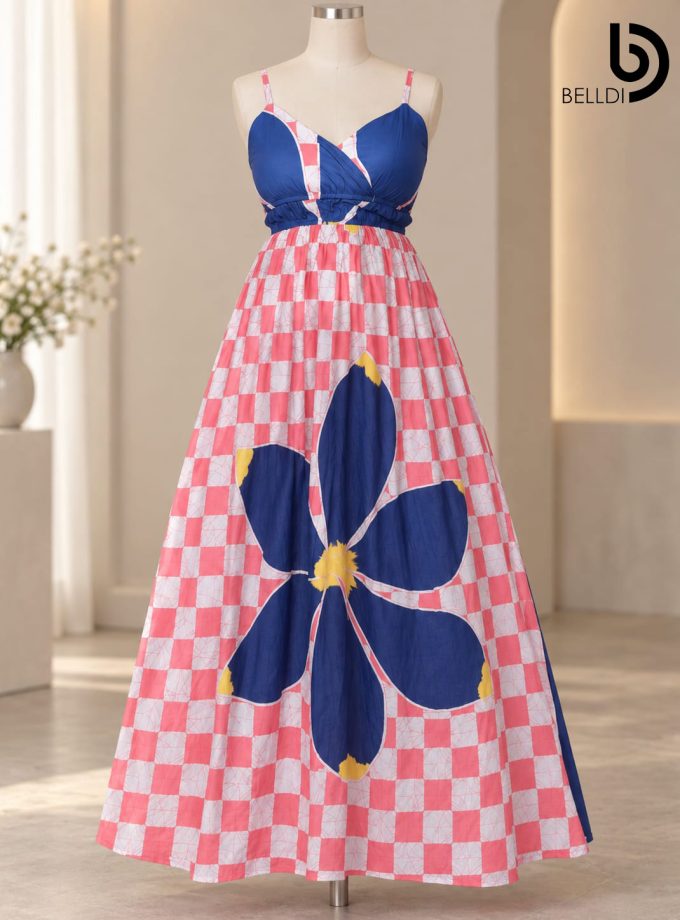 ELEGANT FLORAL CHECKERED SATIN MAXI DRESS
