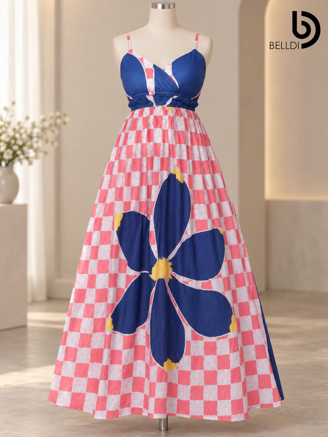 ELEGANT FLORAL CHECKERED SATIN MAXI DRESS