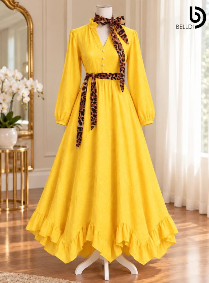 YELLOW LONG DRESS WITH LEOPARD PRINT BELT