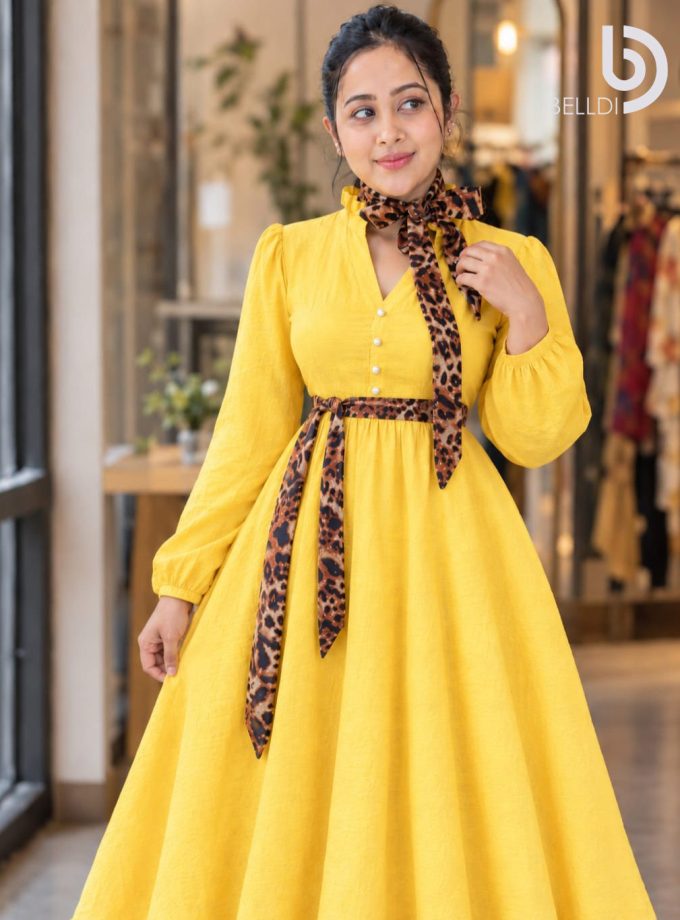 YELLOW LONG DRESS WITH LEOPARD PRINT BELT