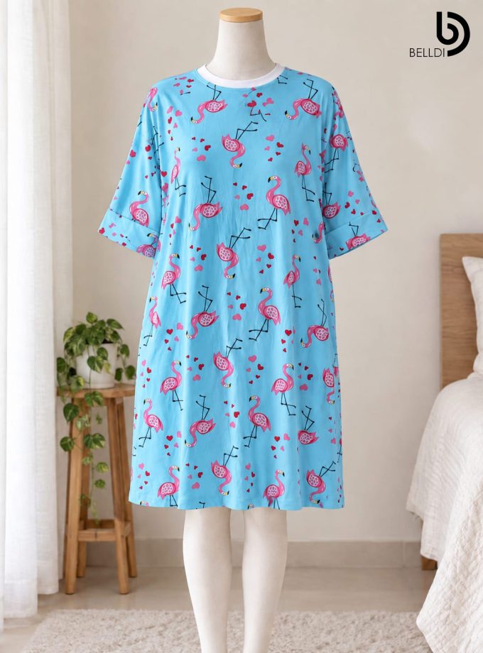 FLAMINGO PRINT HALF SLEEVE NIGHT DRESS