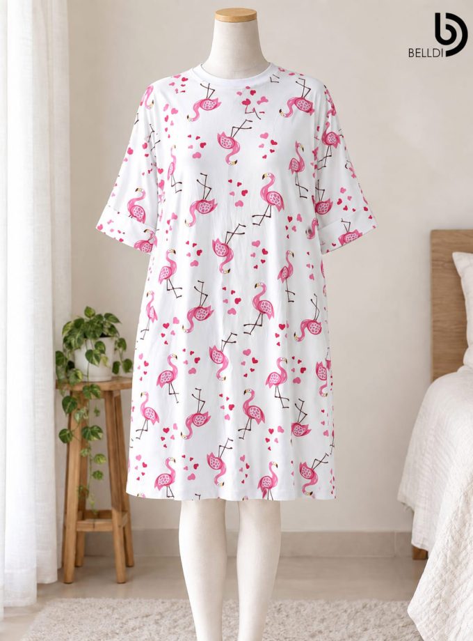 FLAMINGO PRINT HALF SLEEVE NIGHT DRESS