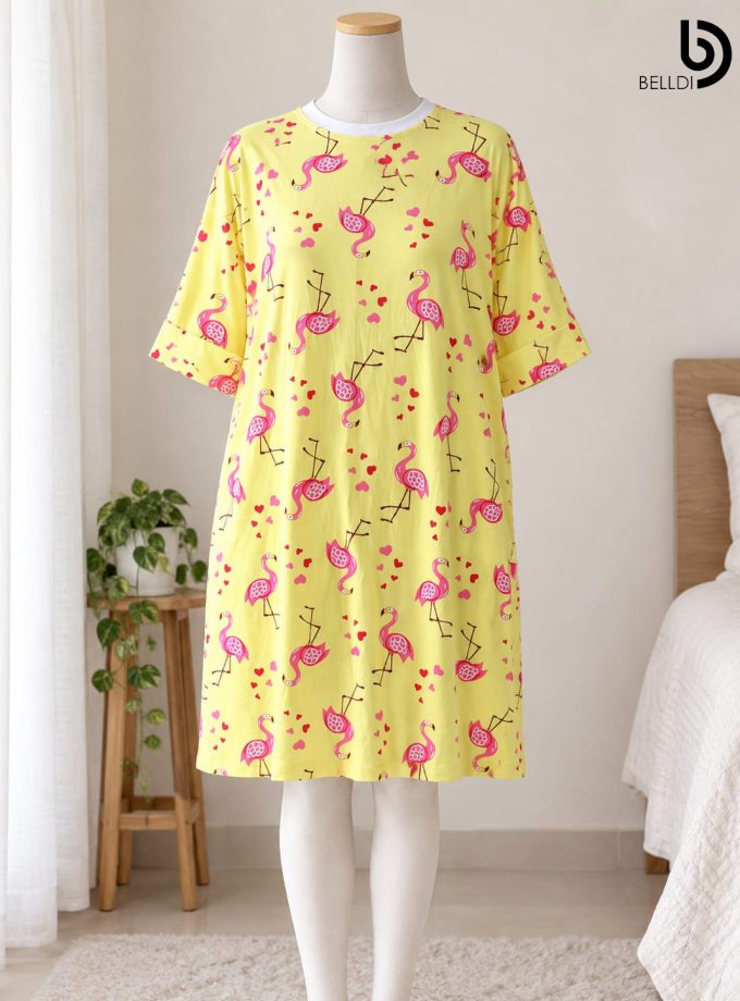 FLAMINGO PRINT HALF SLEEVE NIGHT DRESS