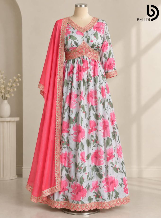 PINK FLORAL EMBROIDERED INDIAN LONG DRESS WITH SHAWL
