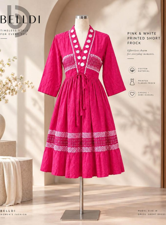 PINK & WHITE PRINTED SHORT FROCK