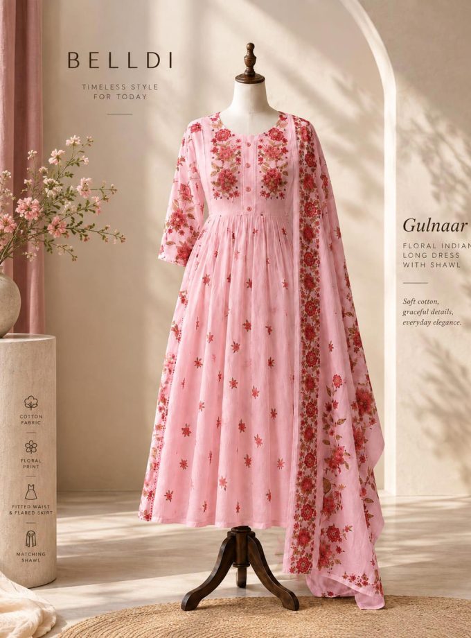 GULNAAR FLORAL INDIAN LONG DRESS WITH SHAWL