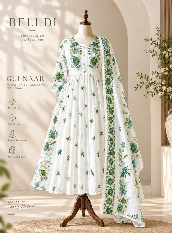GULNAAR FLORAL INDIAN LONG DRESS WITH SHAWL