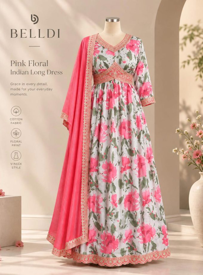 PINK FLORAL EMBROIDERED INDIAN LONG DRESS WITH SHAWL