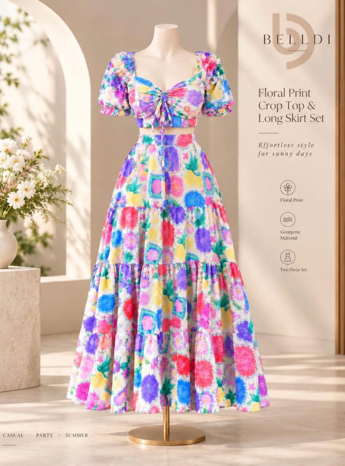 FLORAL PRINT CROP TOP & LONG SKIRT SET