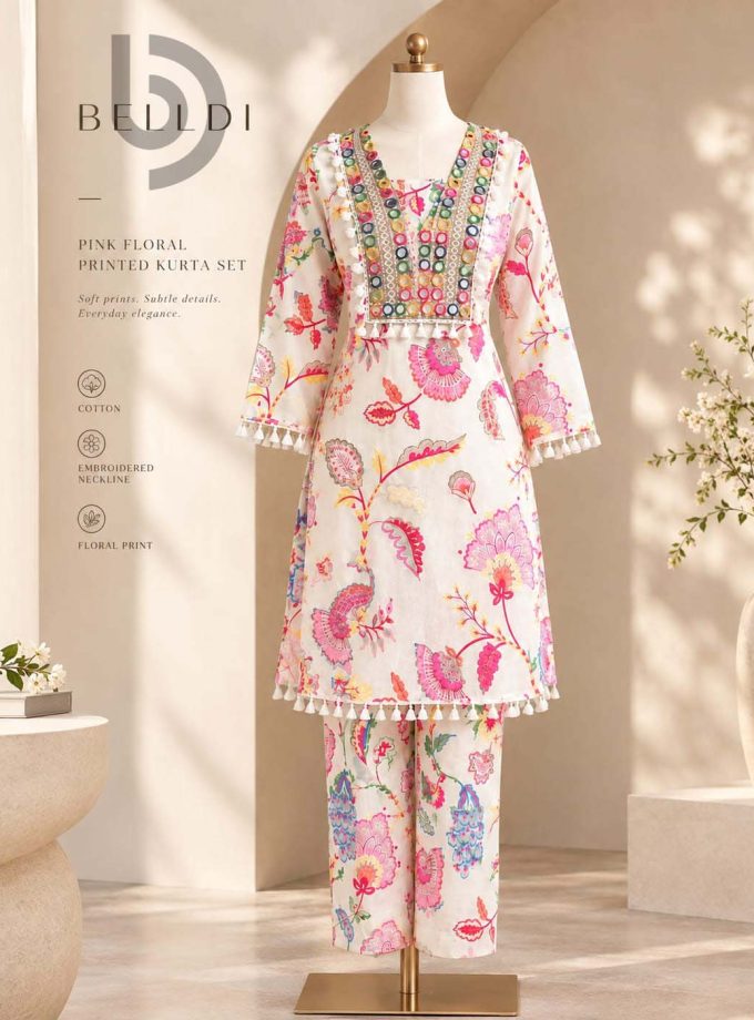 PINK FLORAL PRINTED KURTA SET