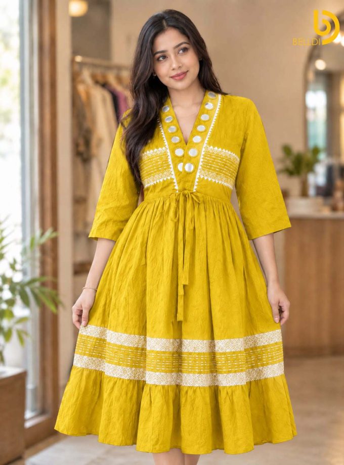 YELLOW & WHITE PRINTED SHORT FROCK