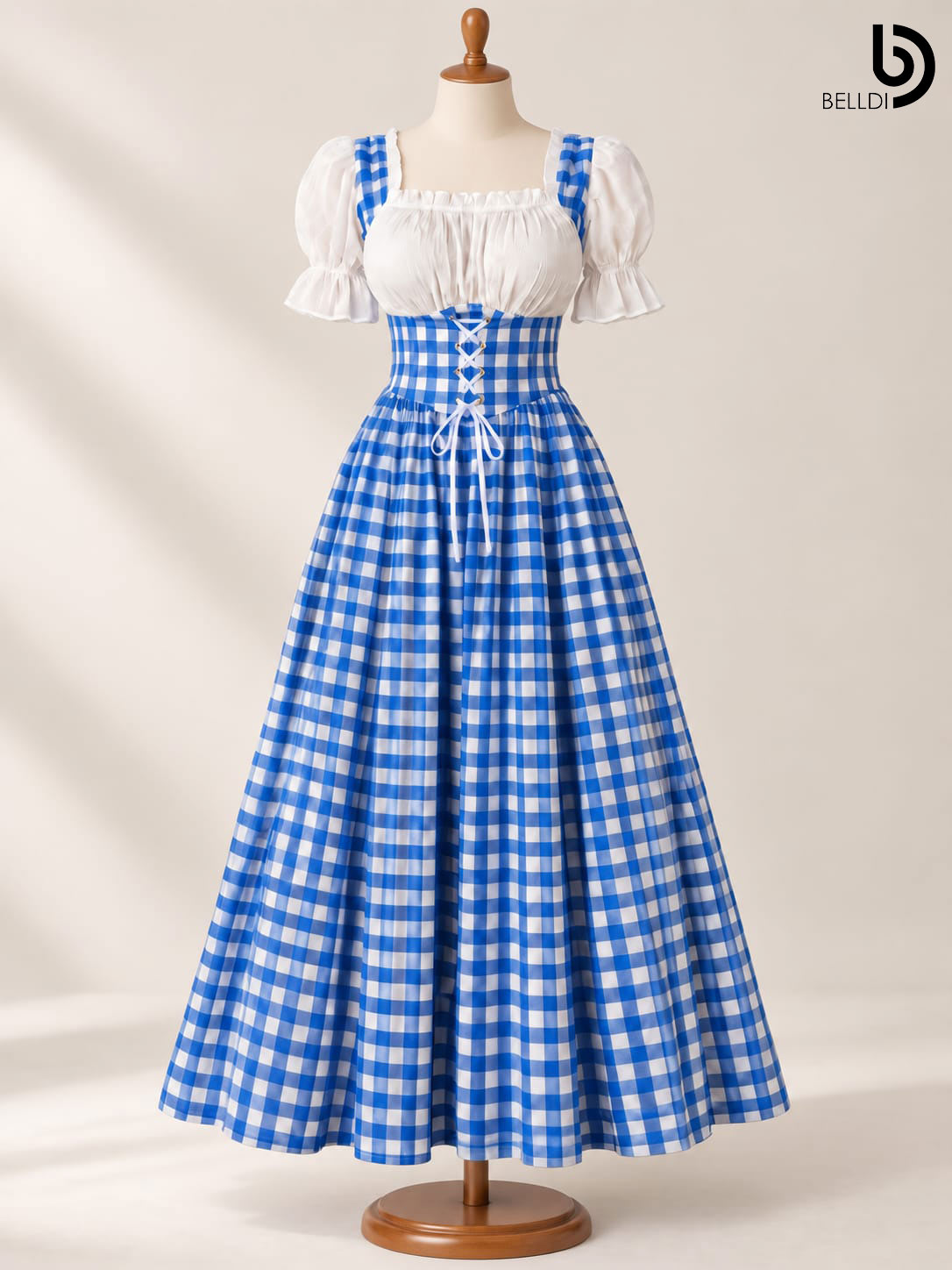 CHECKERED PUFF SLEEVE CORSET FLARED LONG FROCK