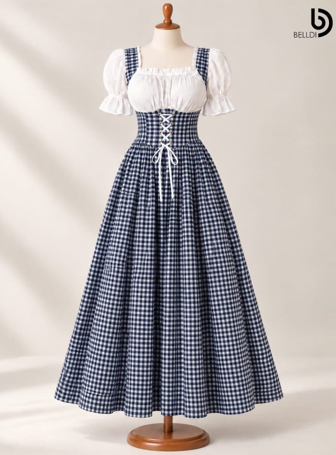 CHECKERED PUFF SLEEVE CORSET FLARED LONG FROCK