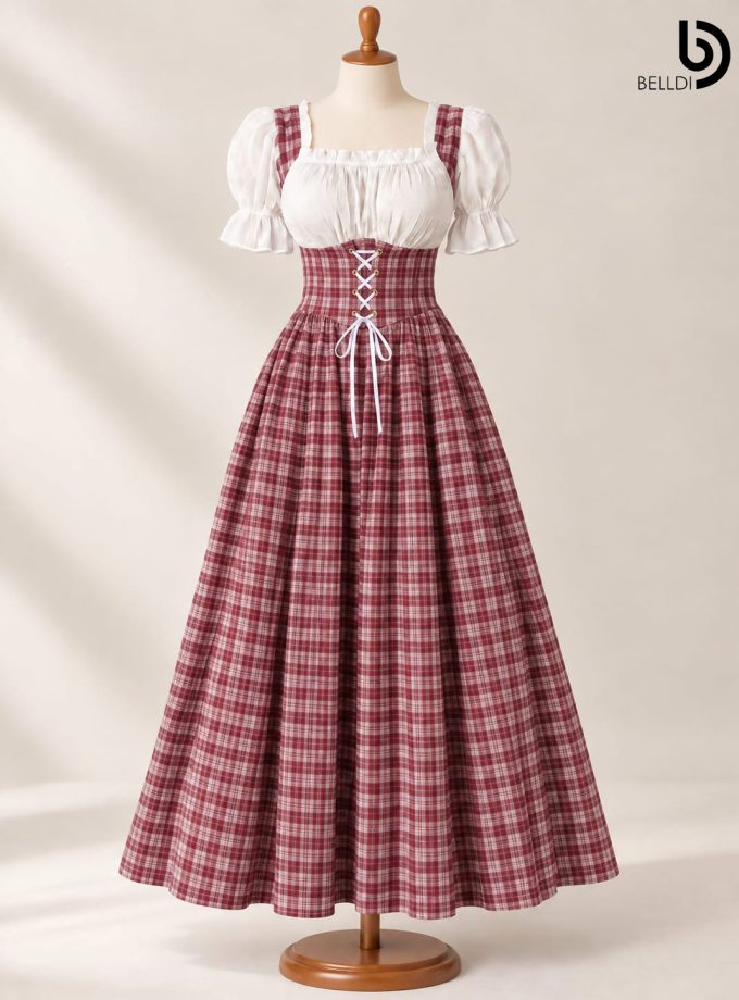 CHECKERED PUFF SLEEVE CORSET FLARED LONG FROCK
