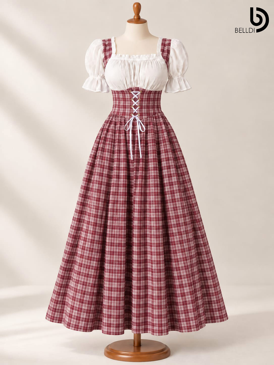 CHECKERED PUFF SLEEVE CORSET FLARED LONG FROCK