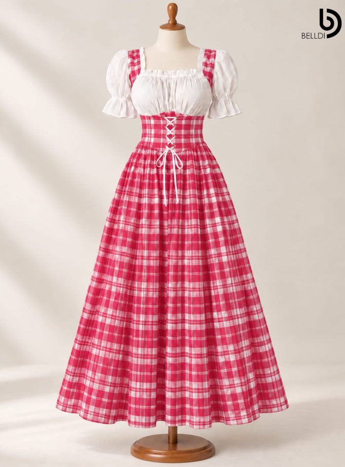 CHECKERED PUFF SLEEVE CORSET FLARED LONG FROCK