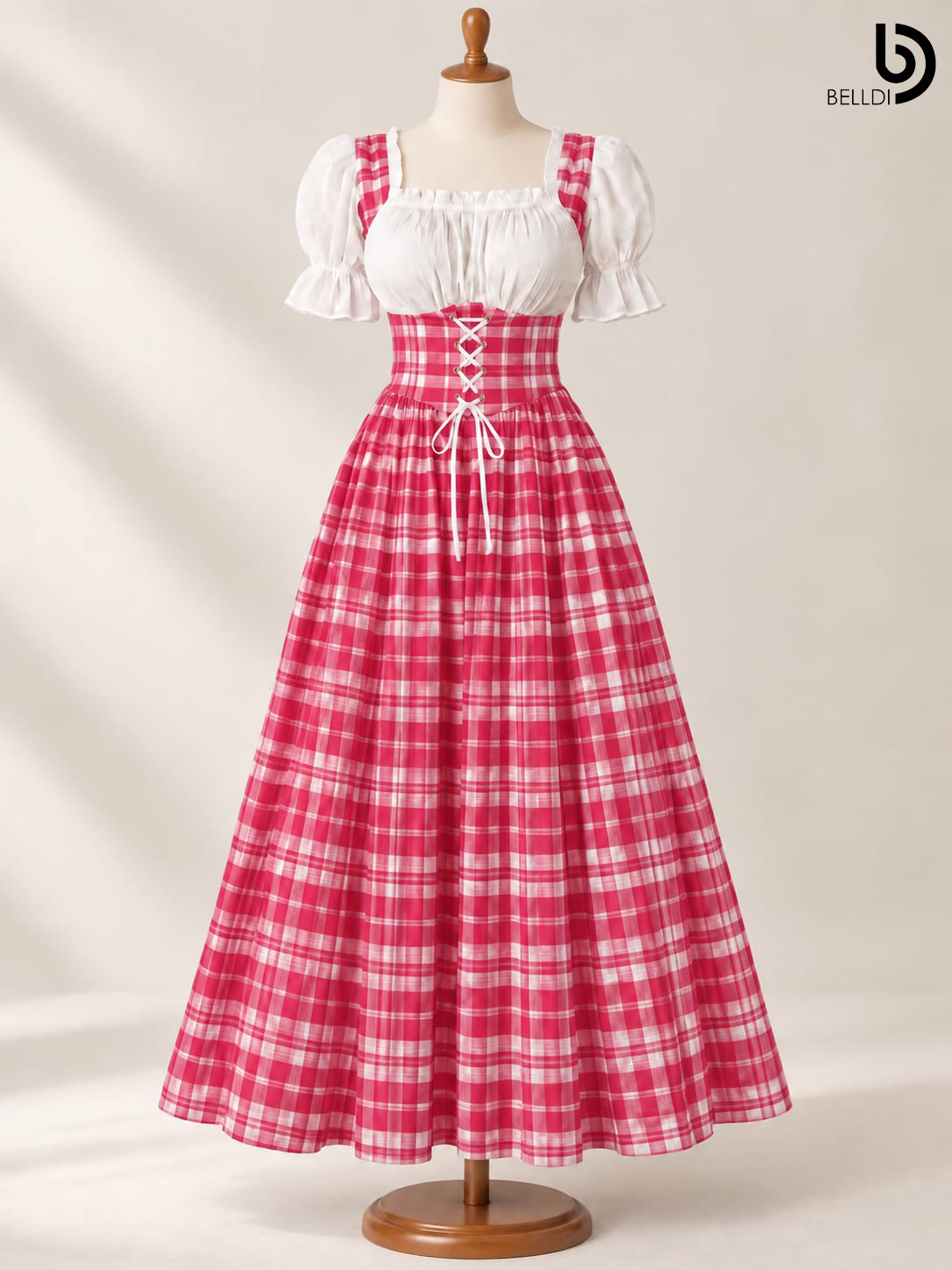 CHECKERED PUFF SLEEVE CORSET FLARED LONG FROCK
