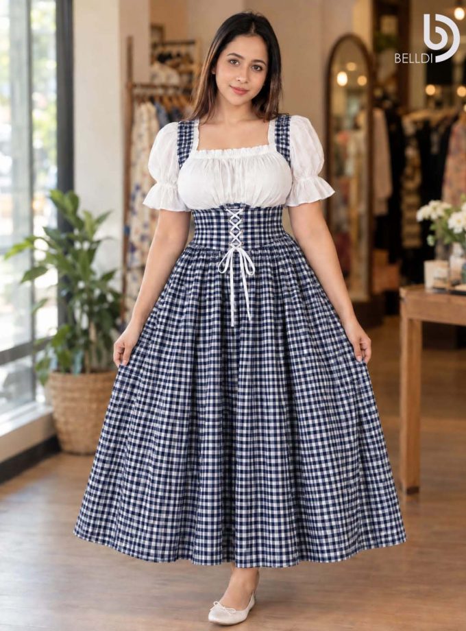 CHECKERED PUFF SLEEVE CORSET FLARED LONG FROCK