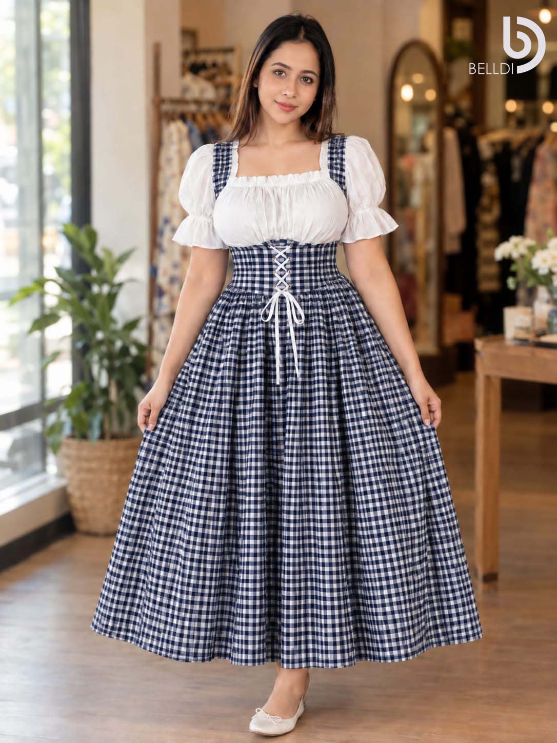 CHECKERED PUFF SLEEVE CORSET FLARED LONG FROCK - Image 2