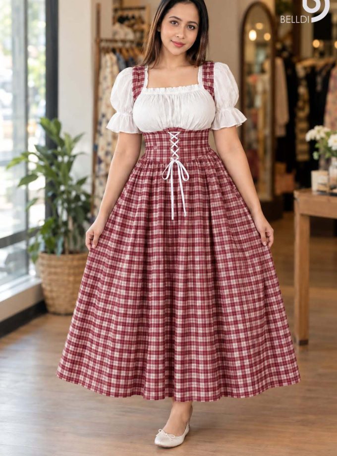 CHECKERED PUFF SLEEVE CORSET FLARED LONG FROCK