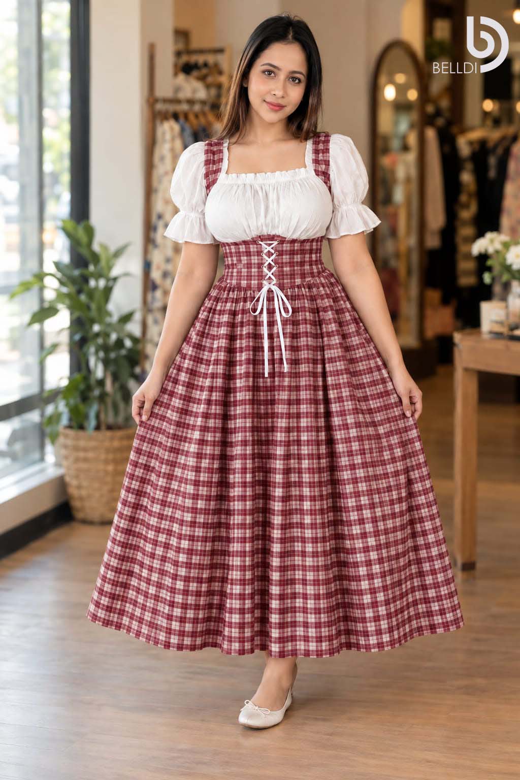 CHECKERED PUFF SLEEVE CORSET FLARED LONG FROCK - Image 2